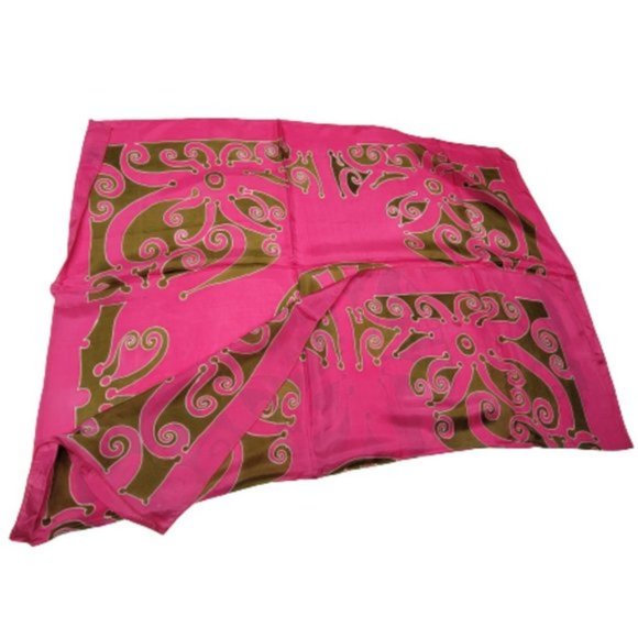 Pink Colored Square Silk Scarf with olive green Print Handpainted Fuji Silk- NEW - Picture 1 of 8